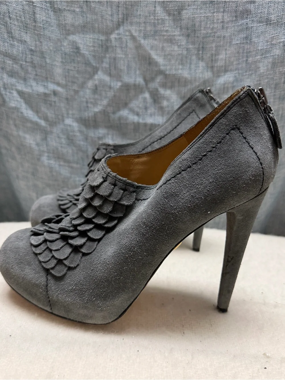 L.A.M.B. Charcoal Gray Suede Ruffle Front Booties